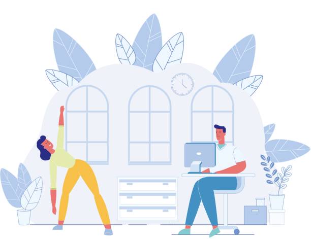 Man Working at Computer and Woman Doing Exercise Cartoon Man Working at Computer and Woman Doing Exercise. Meditation and Break. Body Health Benefits. Medical Advice for Disease, Deformities and Spinal Disorders Prevention. Vector Flat Illustration positive negative slide stock illustrations