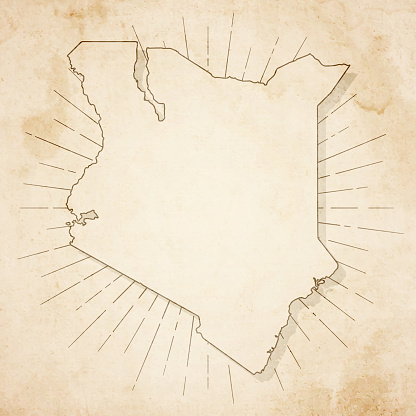 Map of Kenya in a trendy vintage style. Beautiful retro illustration of an antique map with light rays in the background and on old textured paper. Included: Realistic texture of an old parchment (colors used: sepia, beige, brown). Vector illustration (EPS10, well superimposed and grouped). Easy to edit, manipulate, resize or colorize.
