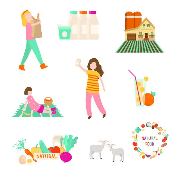 Vector illustration of Set of different natural food or eco farm product