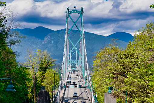 Vancouver - May 05 2019: Downtown Vancouver, Canada. Lions Gate Suspension Bridge in Vancouver BC with Traffic.