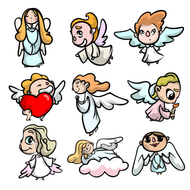 istock Set of cute kid angels with face and light wings 1209642429