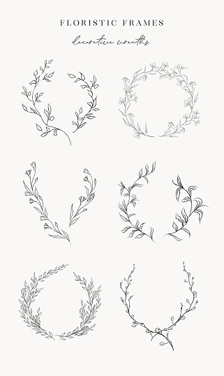 Collection of delicate line drawing vector floral wreaths frames. hand drawn delicate flowers, branches, leaves, plants, herbs.  Botanical illustration. Leaf logo
