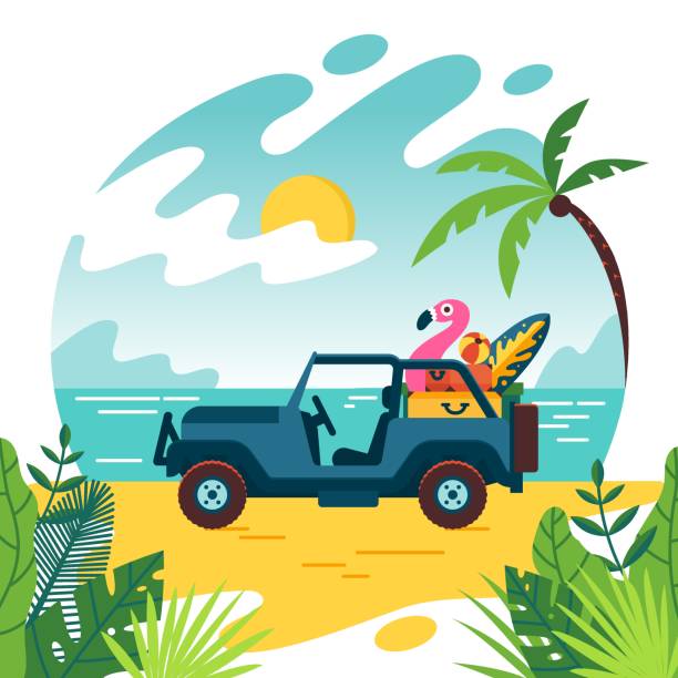 Summer time and jeep car on beach with few suitcase. Vacation and travel Summer time and jeep car on beach with few suitcase. Vacation and travel, a huge pile of things for the holiday. Flat cartoon style illustration, concept on white background. Vector off road vehicle stock illustrations