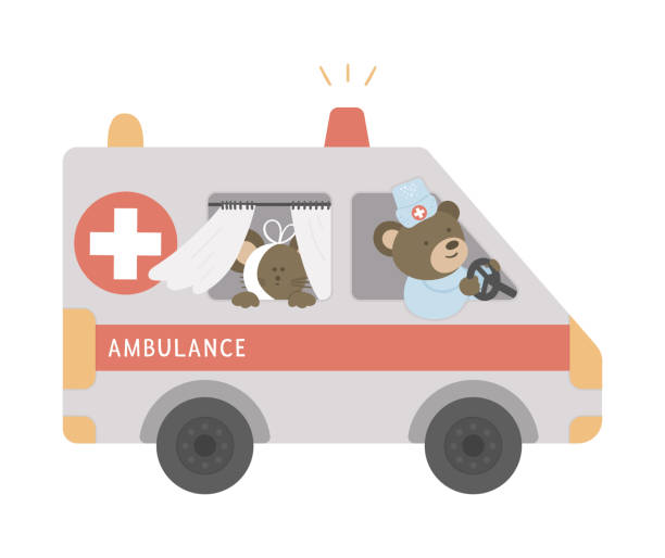 vektor-ambulanz mit niedlichen tieren im inneren. bärenarzt fährt notfallwagen mit kranker maus. lustige spezielle medizinische transport-illustration für kinder. - veterinary medicine flash stock-grafiken, -clipart, -cartoons und -symbole