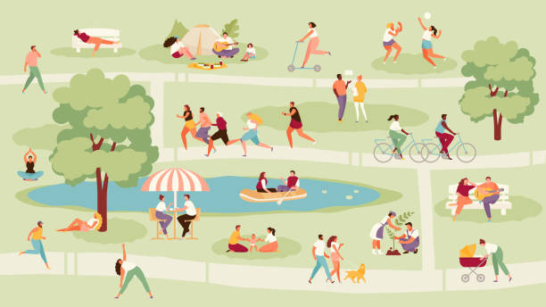 公園のベクトルセットで人を休ませる - ピクニック イラスト点のイラスト素材／クリップアート素材／マンガ素材／アイコン素材