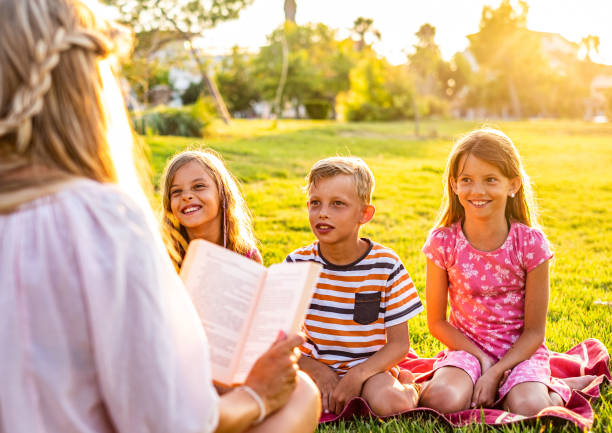 Happy kids listening mother