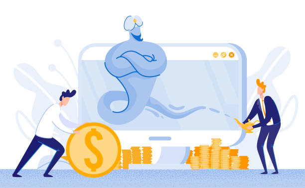 Two Ways to Grow Rich, to Earn or to Wait for Luck Young Men with Two Different Approaches for Growing Rich. Office Worker, Rolling Huge Golden Coin, Earning His Money Hard. Businessman in Blue Suit, Making Wish from Powerful Magic Genie. giant fictional character illustrations stock illustrations