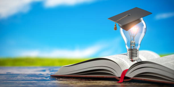 istock Open book with light bulb and graduation cap on blue sky background. Education, learning on school and university or idea concept. 1209649513