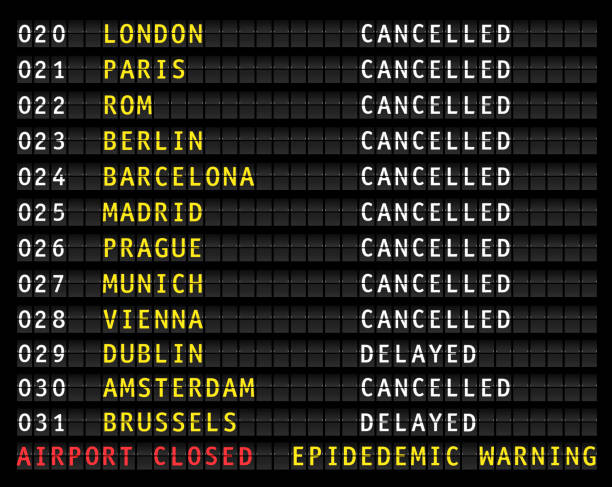istock Flight information display showing cancelled flights because of corona epidemic warning, vector 1209650453