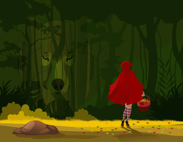Imagination A tale in the woods about a girl with red hood and a wolf. girl silouette forest illustration stock illustrations