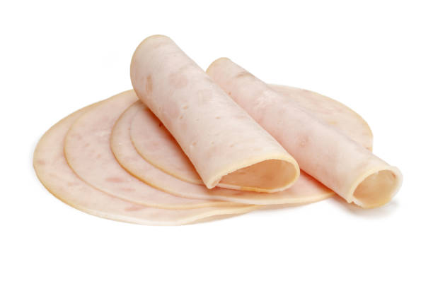 slices of chicken ham isolated on white - cooked studio shot close up sausage imagens e fotografias de stock