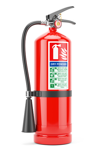 Red Fire extinguisher with instructions label isolated white background 3d