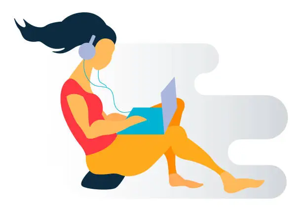 Vector illustration of Vector flat illustration of cute girl listening music and checking her laptop.