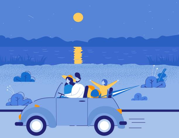 Friends Traveling in Cabriolet to Sea or River. Friends Traveling in Cabriolet to Sea. Men and Women Cartoon Characters Driving Car on Moon Night River Bank Landscape Background. Automobile Trip, Summer Adventure. Flat Vector Illustration. woman driving car night stock illustrations