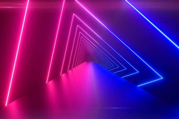 istock Glowing rotating neon triangles creating a tunnel, blue purple pink violet spectrum, fluorescent ultraviolet light, modern colorful lighting, 3d illustration 1209657177