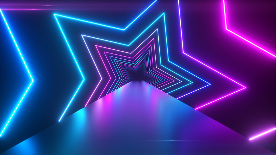 Abstract digital background with rotating neon stars. Modern ultraviolet blue purple light spectrum. 3d illustration
