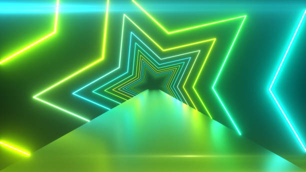 istock Abstract digital background with rotating neon stars. Modern green light spectrum. 3d illustration 1209657180