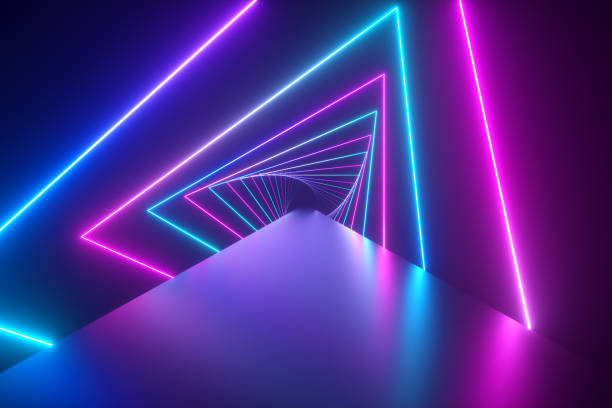 istock Flying through glowing rotating neon triangles creating a tunnel, blue purple pink violet spectrum, fluorescent ultraviolet light, modern colorful lighting,3d illustration 1209657181