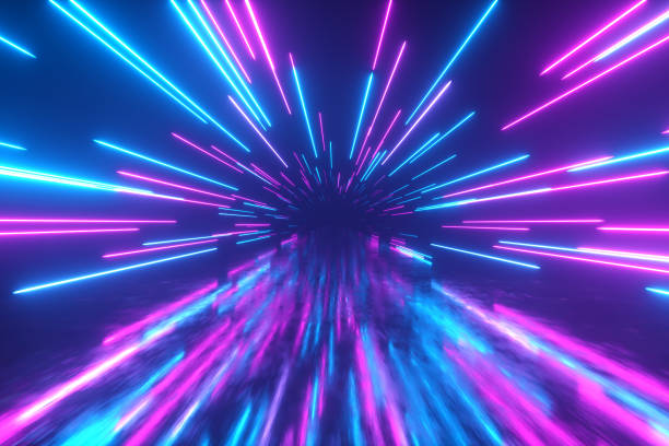 istock Flying in space with luminous neon lines. Hyperspace. Modern ultraviolet spectrum of light. Blue purple color. 3d illustration 1209657186