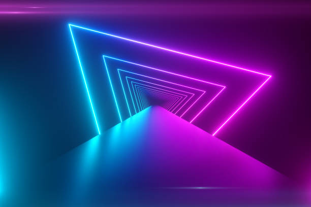 istock Flying through glowing rotating neon triangles creating a tunnel, blue purple pink violet spectrum, fluorescent ultraviolet light, modern colorful lighting,3d illustration 1209657188