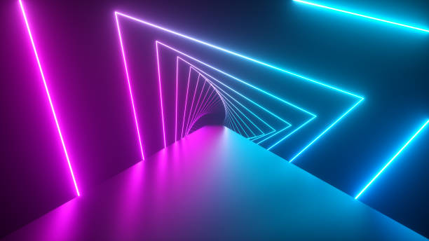 istock Flying through glowing rotating neon triangles creating a tunnel, blue purple pink violet spectrum, fluorescent ultraviolet light, modern colorful lighting,3d illustration 1209657190