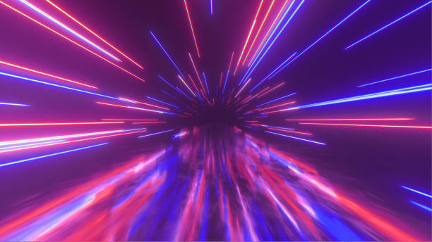 istock Flying in space with luminous neon lines. Hyperspace. Modern ultraviolet spectrum of light. Blue purple color. 3d illustration 1209657192