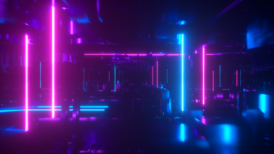 Volando en un espacio abstracto tecnológico con tubos de neón luminosos. Estilo Cyberpunk. Espectro ultravioleta moderno de luz. Color azul púrpura. Ilustración 3d photo