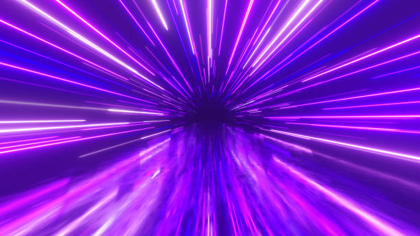 istock Flying in space with luminous neon lines. Hyperspace. Modern ultraviolet spectrum of light. Blue purple color. 3d illustration 1209657202