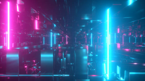 istock Flying in a technological abstract space with luminous neon tubes. Cyberpunk style. Modern ultraviolet spectrum of light. Blue purple color. 3d illustration 1209657205