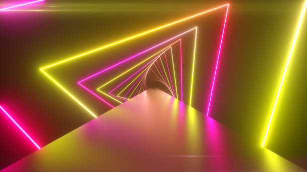 istock Flying through glowing rotating neon triangles creating a tunnel, blue red pink violet spectrum, fluorescent ultraviolet light, modern colorful lighting, 3d illustration 1209657210
