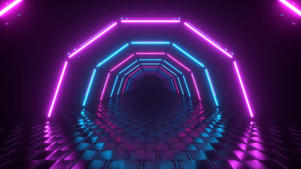istock Flight through hexagonal corridor, glowing tunnel, pink blue neon light, abstract background, 80's retro style, pop music stage, fashion podium. 3d illustration 1209657231
