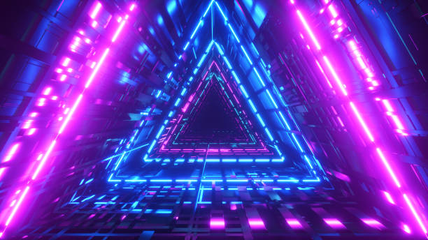 istock Beautiful abstract triangle tunnel with blue light lines moving fast. Background futuristic corridor with neon lights. 3d illustration 1209657235