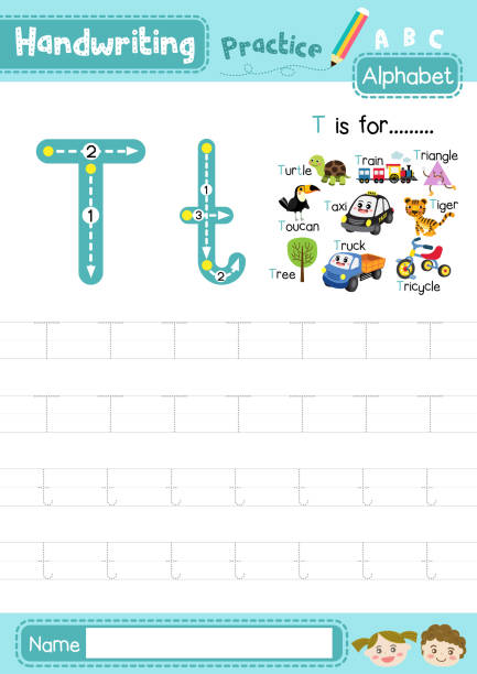 Letter T uppercase and lowercase tracing practice worksheet A4 Letter T uppercase and lowercase cute children colorful ABC alphabet trace practice worksheet for kids learning English vocabulary and handwriting layout in A4 vector illustration. pics of a letter t in cursive stock illustrations