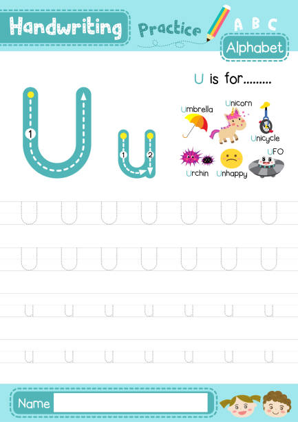 Letter U uppercase and lowercase tracing practice worksheet A4 Letter U uppercase and lowercase cute children colorful ABC alphabet trace practice worksheet for kids learning English vocabulary and handwriting layout in A4 vector illustration. the letter u stock illustrations