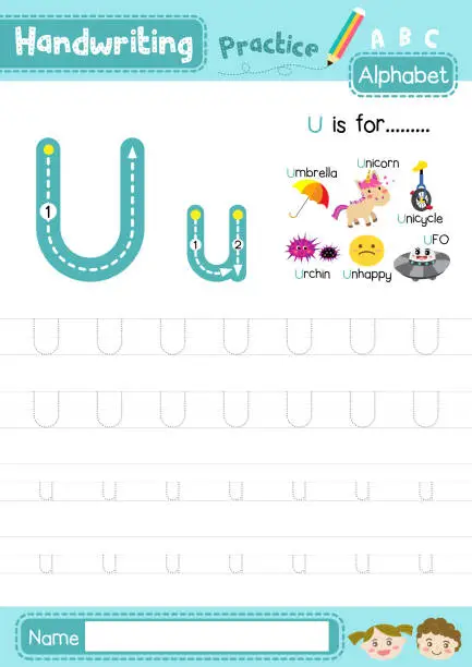 Vector illustration of Letter U uppercase and lowercase tracing practice worksheet A4