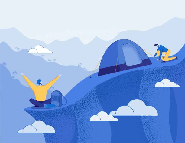 ilustrações, clipart, desenhos animados e ícones de alpinistas chegaram ao topo da montanha e ao acampamento de cenários. - men on top of climbing mountain