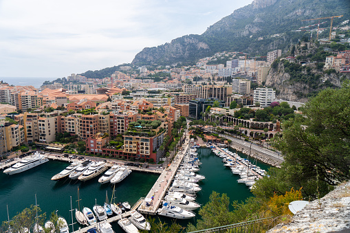 Monte Carlo buildings and marina famous destination of rich and famous, Monaco.