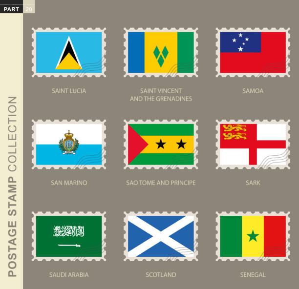 bayraklı posta pulu, 9 bayrak koleksiyonu. - england senegal stock illustrations