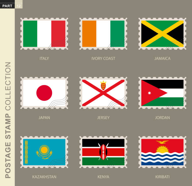 ilustrações, clipart, desenhos animados e ícones de selo postal com bandeira, coleção de 9 bandeiras. - mail postage stamp postmark jamaica