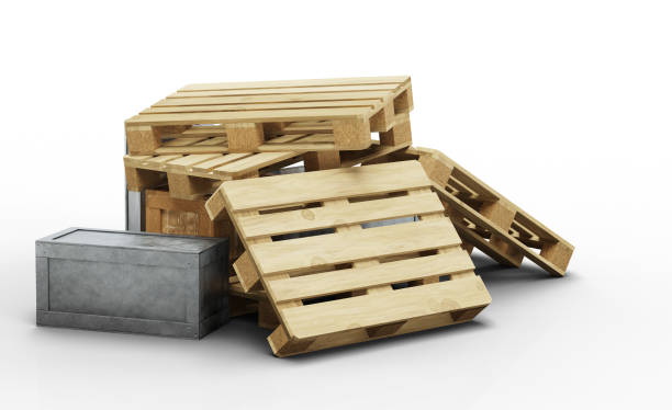 istock Few wood pallets and transportation boxes messy stacked 1209660863