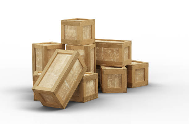 istock Some closed wood transport box with different size put in a mess on the floor 1209660898