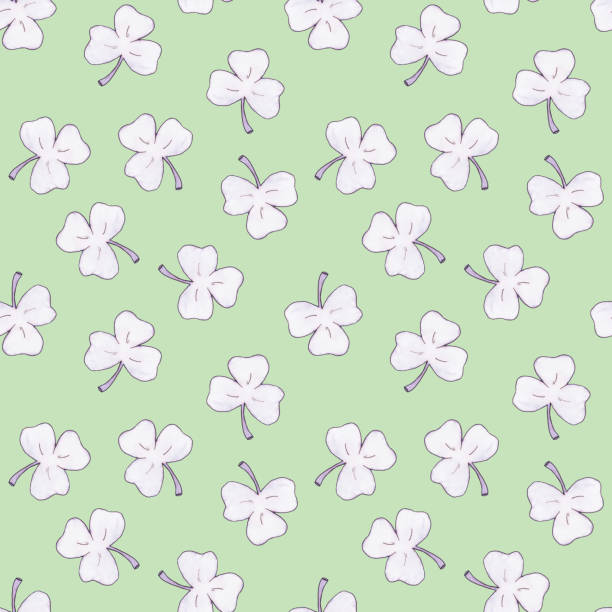 Seamless pattern with delicate clover leaf Seamless pattern with delicate clover leaf. Light ink pink shamrocks on a soft green background. Background for design for St. Patrick's Day, wrapping paper, textile, invitations, greeting cards style grass family green background temperate flower stock illustrations