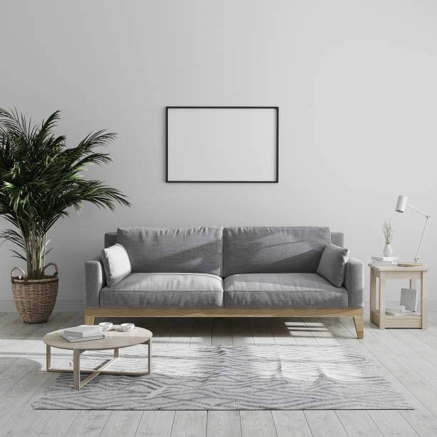 istock Blank horizontal picture frame mock up in modern minimalist living room interior with gray sofa and palm tree, living room interior background, living room in gray tones, 3d render 1209663801