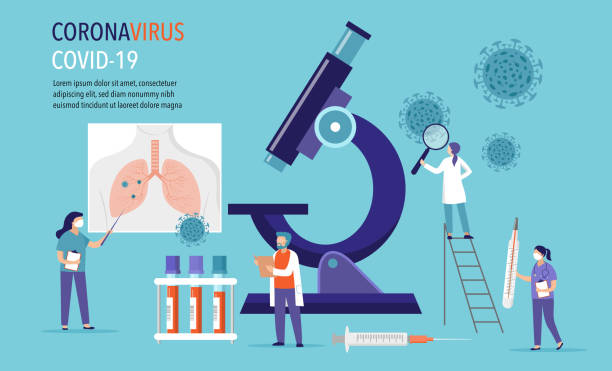 Coronavirus 2019-nCoV scene: research and development of medication. Group of scientiests, doctors working in laboratory. Vector illustration Coronavirus 2019-nCoV scene: research and development of medication. Group of scientiests, doctors working in laboratory. Vector illustration life science lab stock illustrations