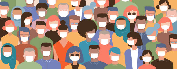 Crowd on the street wearing masks to prevent disease, coronavirus, flu, air pollution, contaminated air, world pollution. Vector illustration in a flat style Crowd on the street wearing masks to prevent disease, coronavirus, flu, air pollution, contaminated air, world pollution. Vector illustration in a flat style medical research stock illustrations