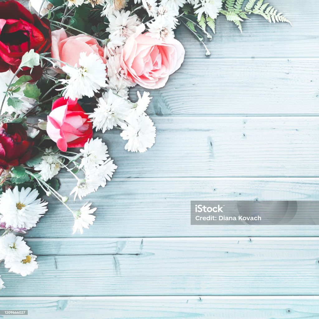 Hermosa Composición Decorativa De Flores Sobre Una Mesa De Madera Azul Plano Vista Superior De Cerca Fondo Cuadrado Con Espacio De Copia Para El Texto Rosas Rojas Y Rosas Margaritas Blancas Verduras Hermosa Composición Decorativa De Flores Sobre Una Mesa De Madera Azul Plano Vista Superior De Cerca Fondo Cuadrado Con Espacio De Copia Para El Texto Rosas Rojas Y Rosas Margaritas Blancas Verduras