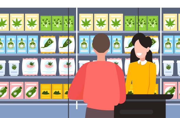 illustrazioni stock, clip art, cartoni animati e icone di tendenza di uomo che acquista prodotti cbd moderno negozio di cannabis interiore marijuana legalizzazione droghe consumo concetto ritratto orizzontale - uncultivated