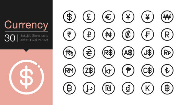 Currency icons. Modern line design. For presentation, graphic design, mobile application, web design, infographics, UI. Editable Stroke. Currency icons. Modern line design. For presentation, graphic design, mobile application, web design, infographics, UI. Editable Stroke. Vector illustration. malaysian ringgit stock illustrations