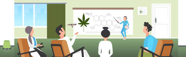 illustrations, cliparts, dessins animés et icônes de scientifique présentant cbd thc cannabis molécule de drogue de chanvre pour l’équipe de médecins à la réunion de conférence de présentation de formule de marijuana médicale concept horizontal - alternative medicine audio