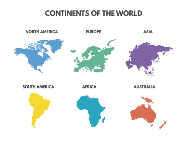 карта мира 6 континентов, изолированных на белом фоне. - physical geography illustrations stock illustrations